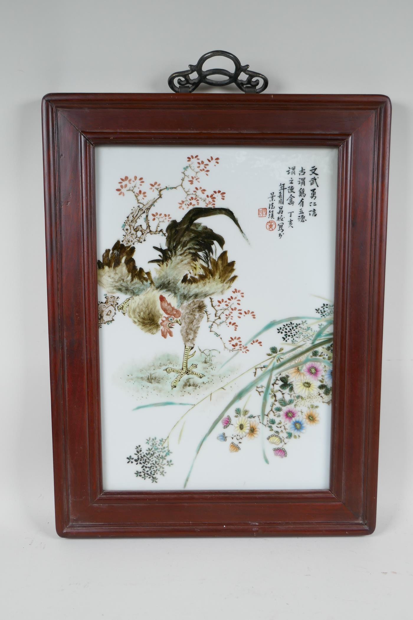 A Chinese polychrome porcelain panel decorated with a rooster and flowers in a hardwood frame, 13" x - Image 2 of 3