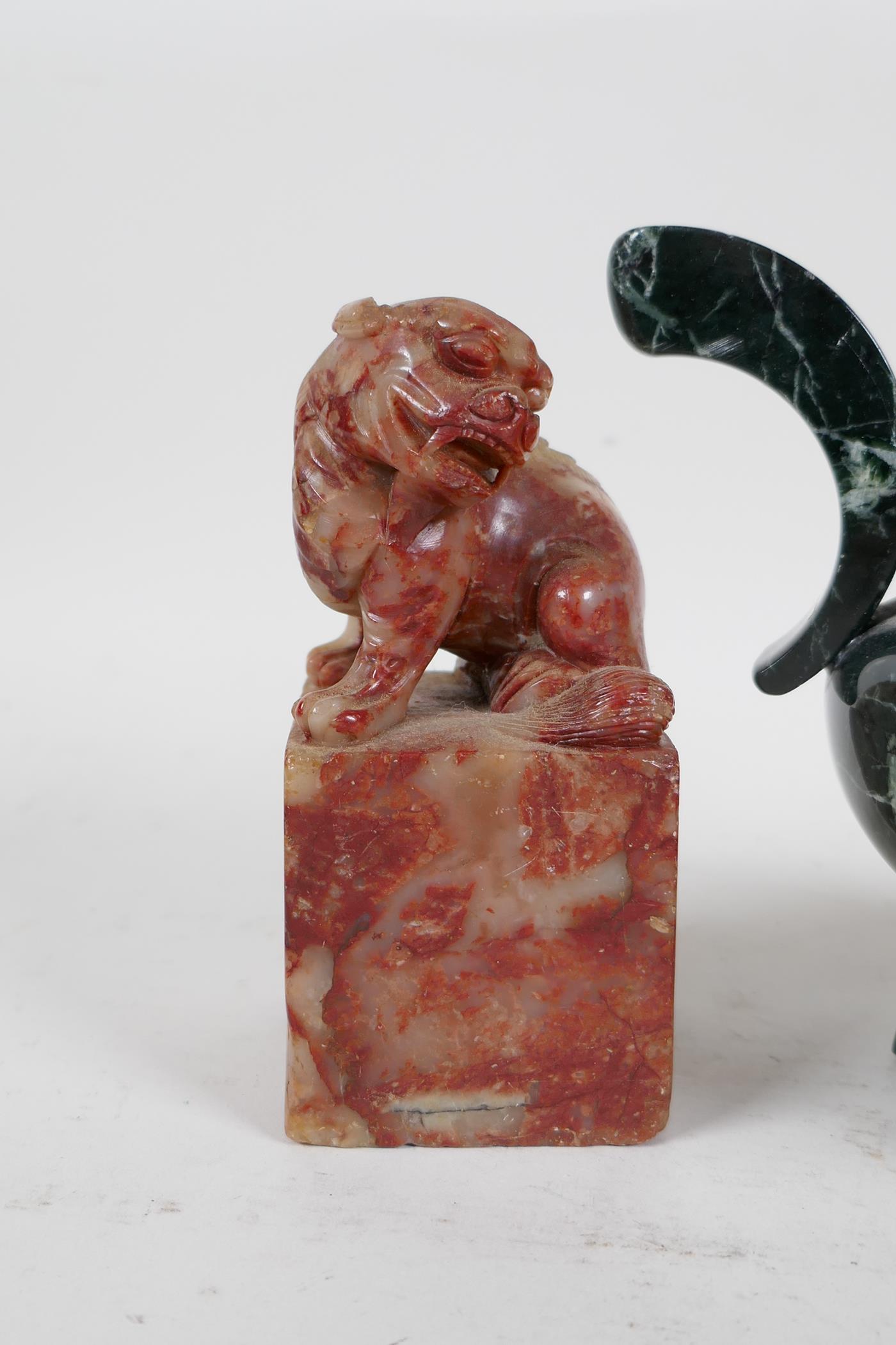 A pair of Chinese red soapstone seal blanks with carved kylin knops, together with a vert de mer - Image 2 of 6