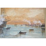 Two framed oils, shipping by a harbour, and port scene at sunset, largest 10" x 19"