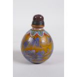 A yellow Peking glass snuff bottle decorated with a blue enamel riverside landscape, 4 character