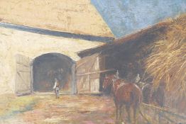 Figure with horse drawn hay cart by a barn, signed Johansen Viggo (Viggo Johansen?), 9" x 12"