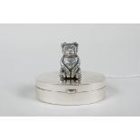 A 925 silver needle box with a teddy bear pincushion mount to the lid, 1½" wide, 1" high