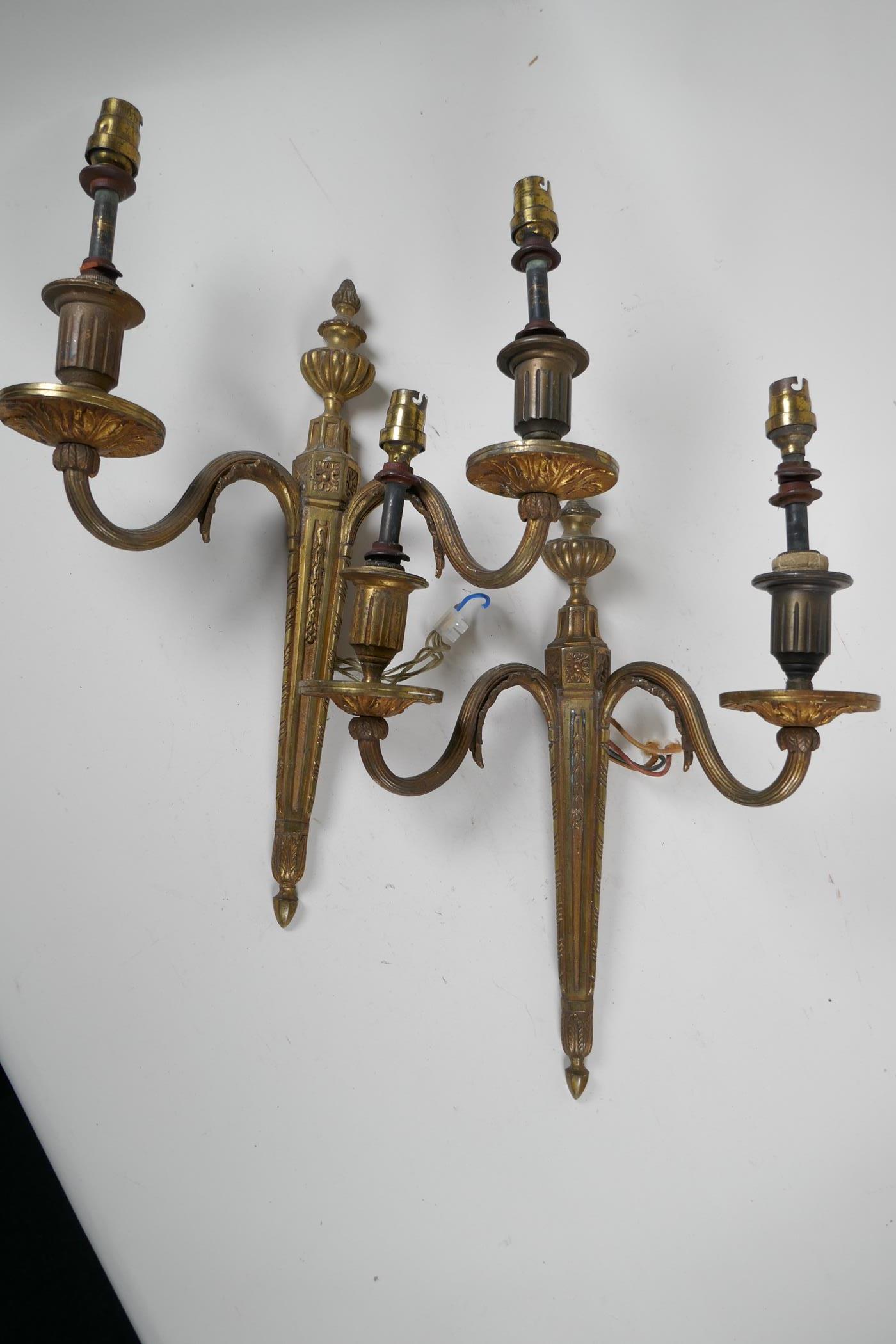 A pair of brass two light wall sconces in the neoclassical style, 13½" high