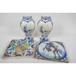 An antique tile with decoration of a pomegranate, 5" square, together with a Delft tile painted with