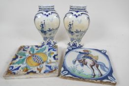 An antique tile with decoration of a pomegranate, 5" square, together with a Delft tile painted with