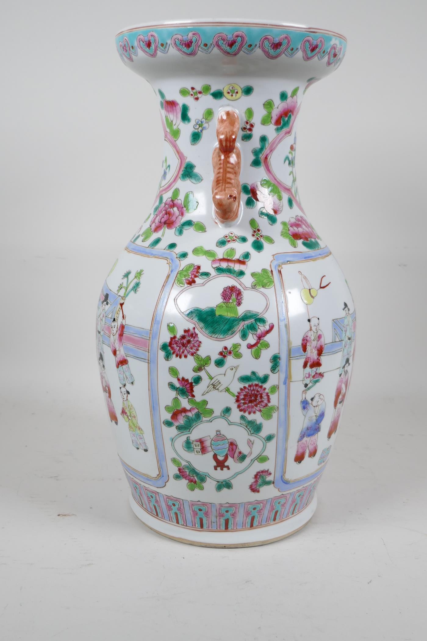 A Chinese famille rose porcelain two handled vase, with enamelled decorative panels depicting and - Image 4 of 5