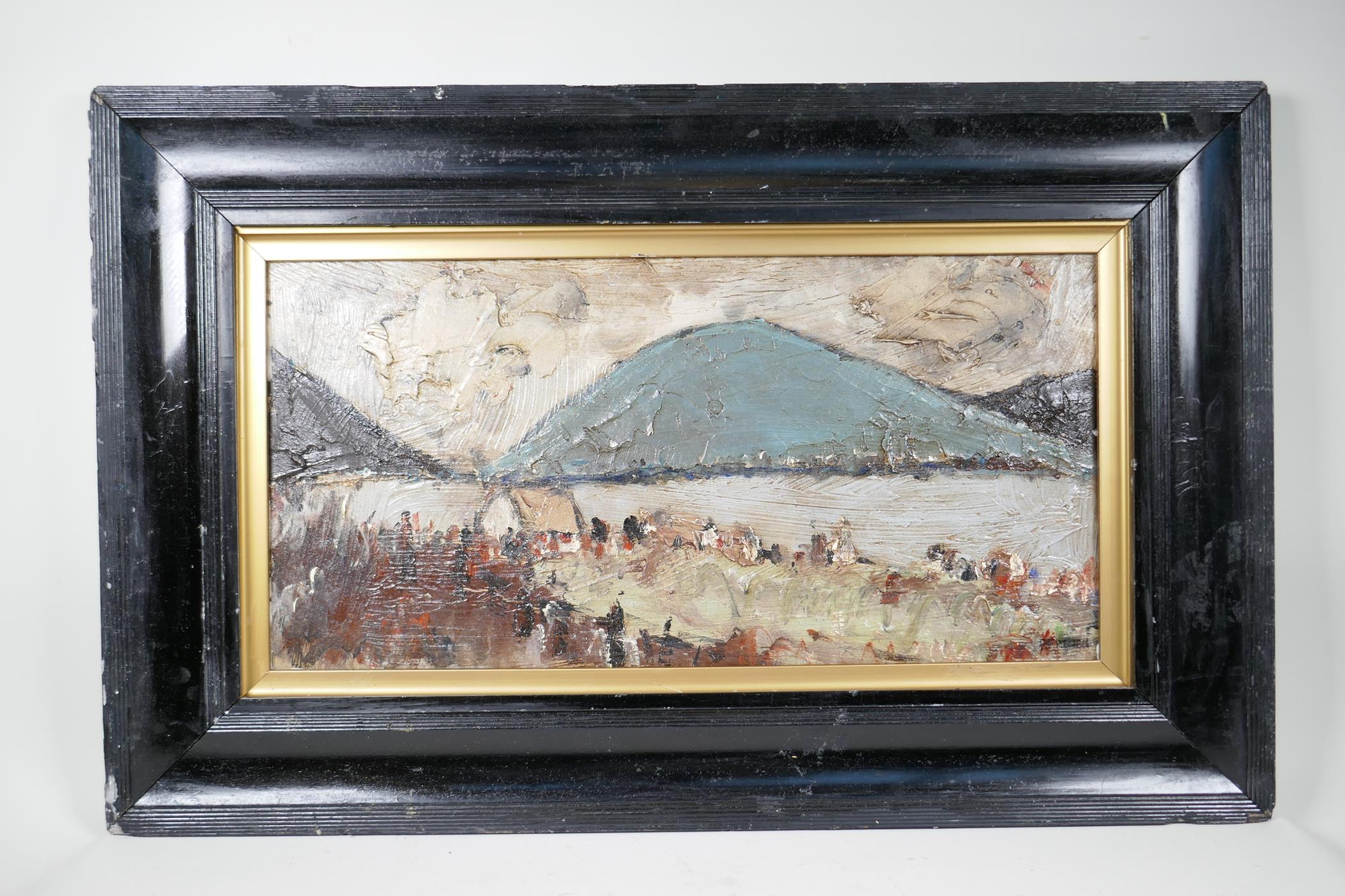 Irish landscape with figures on a lakeside, signed P. French, impasto oil on board, 24" x 12" - Image 3 of 5