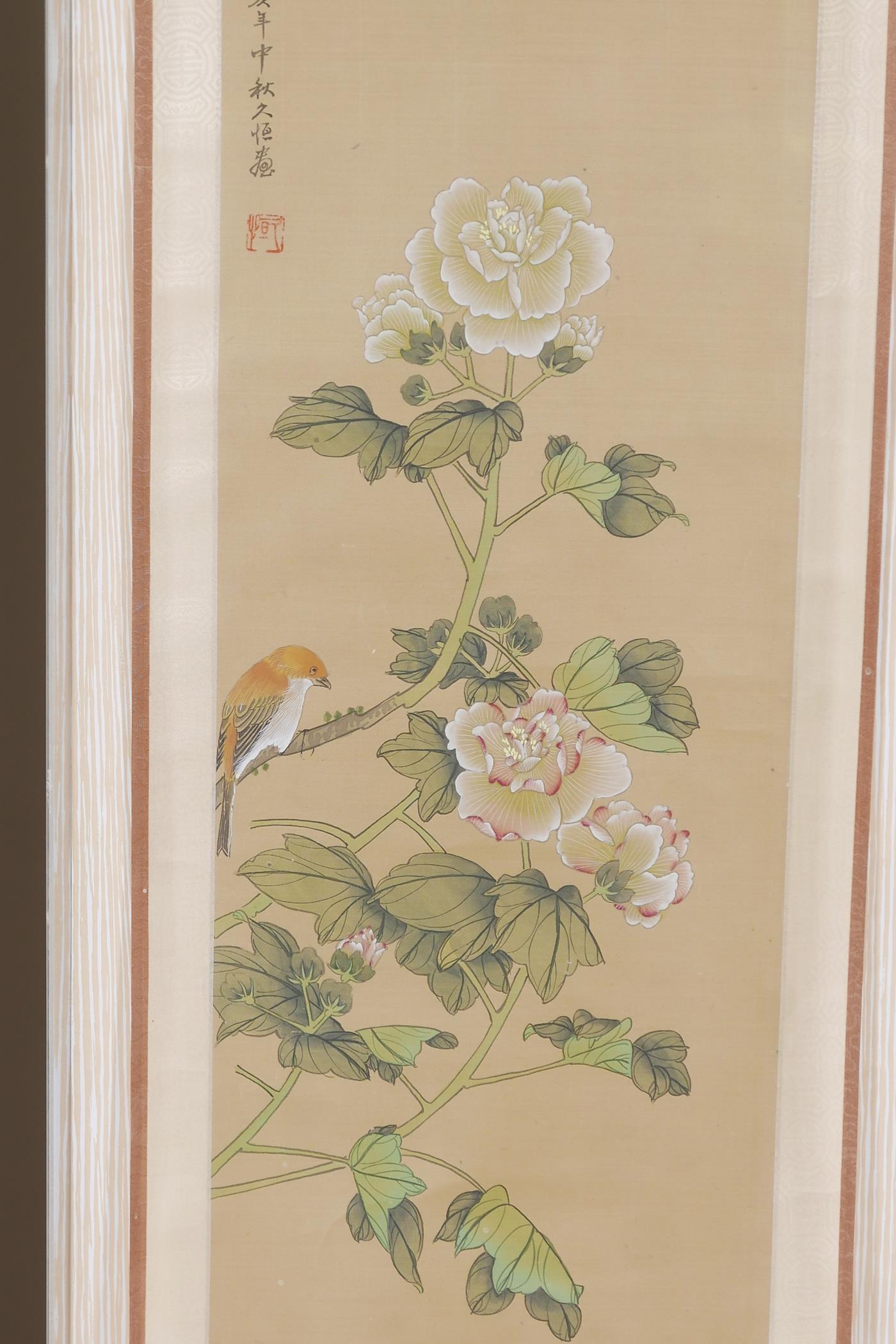 Two framed Chinese scrolls painted with birds and flowers, having inscriptions and red seal marks, - Image 4 of 5