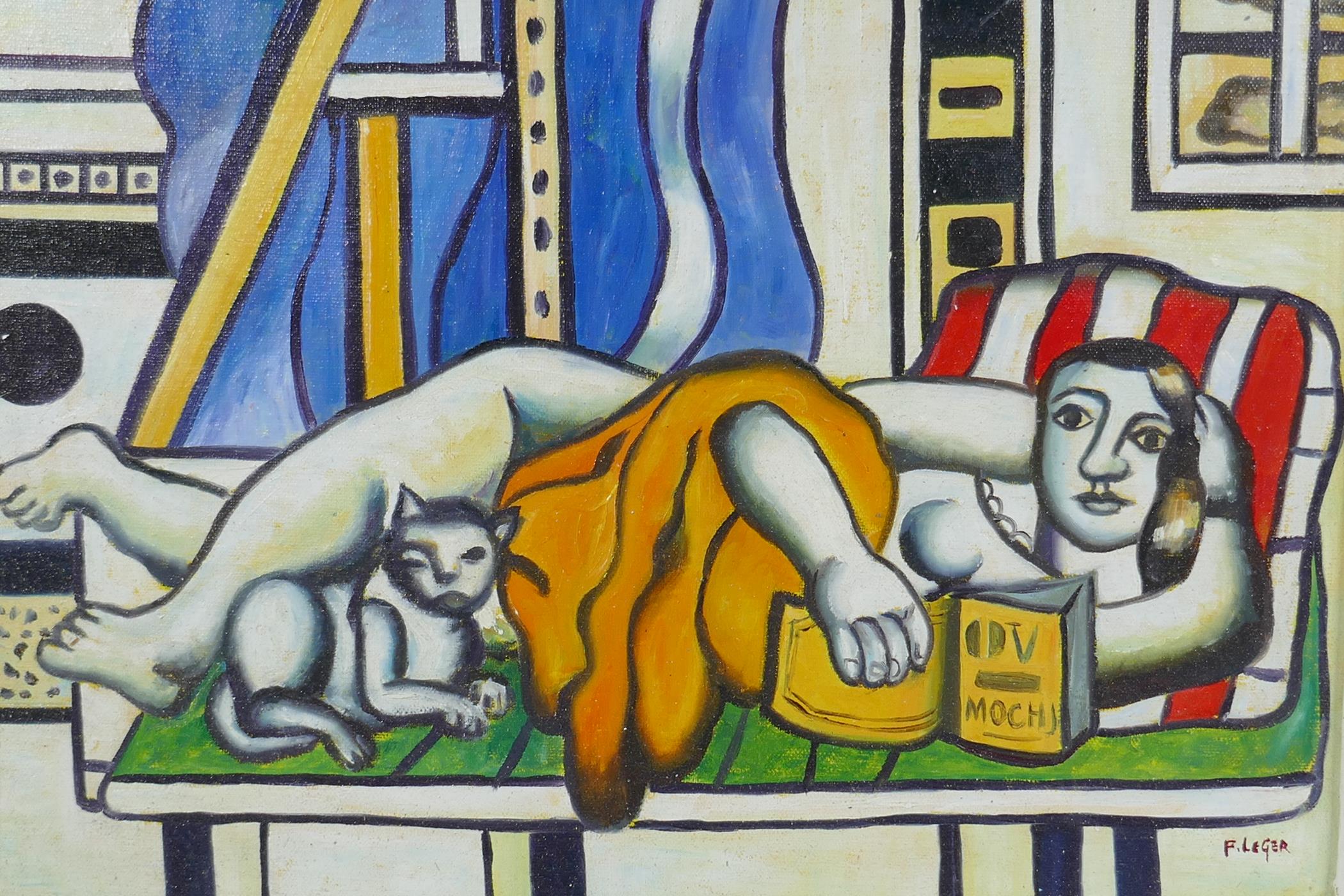 After Leger, life study of a woman with a cat, oil on canvas laid on board, 14½" x 18½"