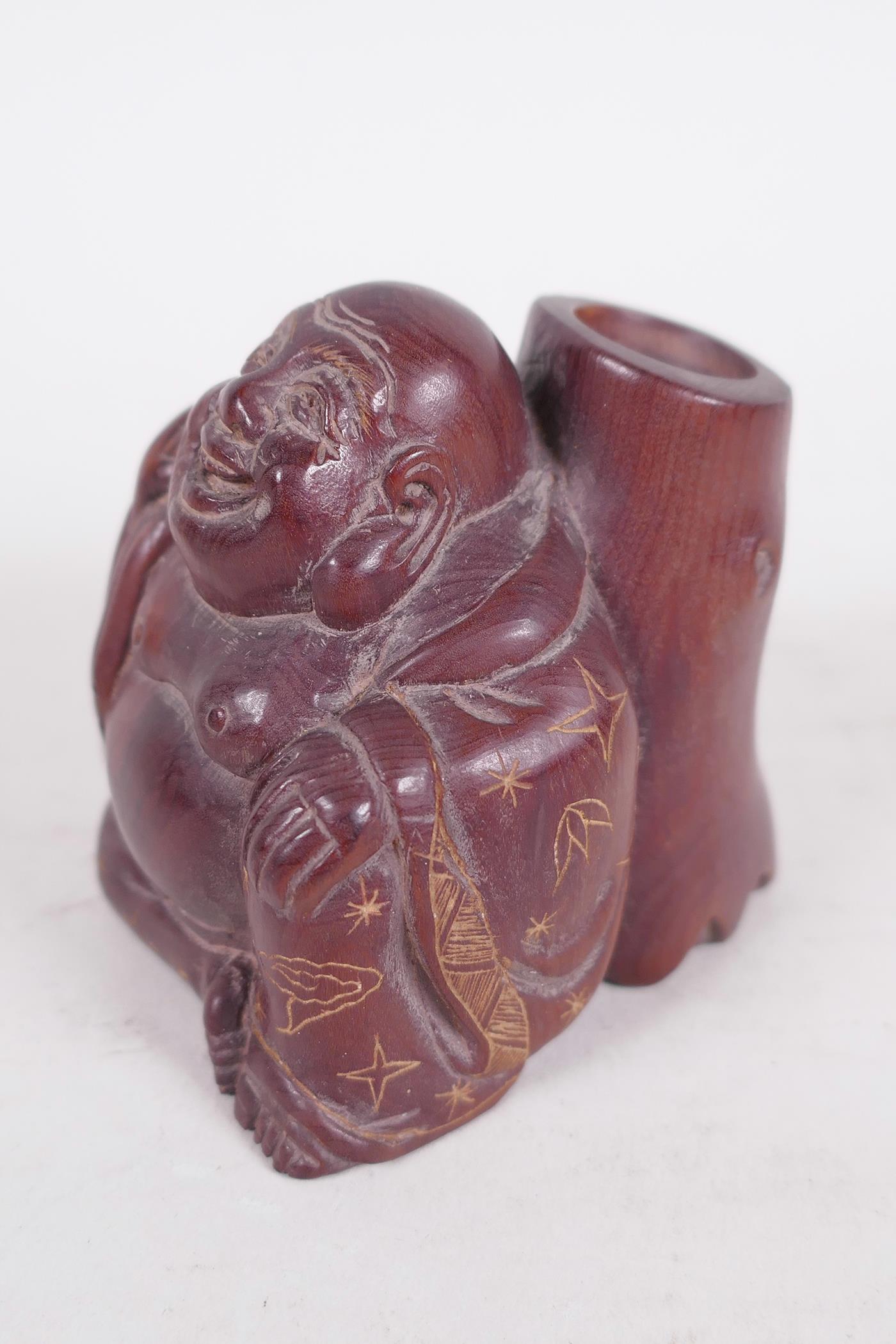 A Japanese carved hardwood figure of a traveller with large sack and tree stump on his back, 2½" - Image 3 of 5
