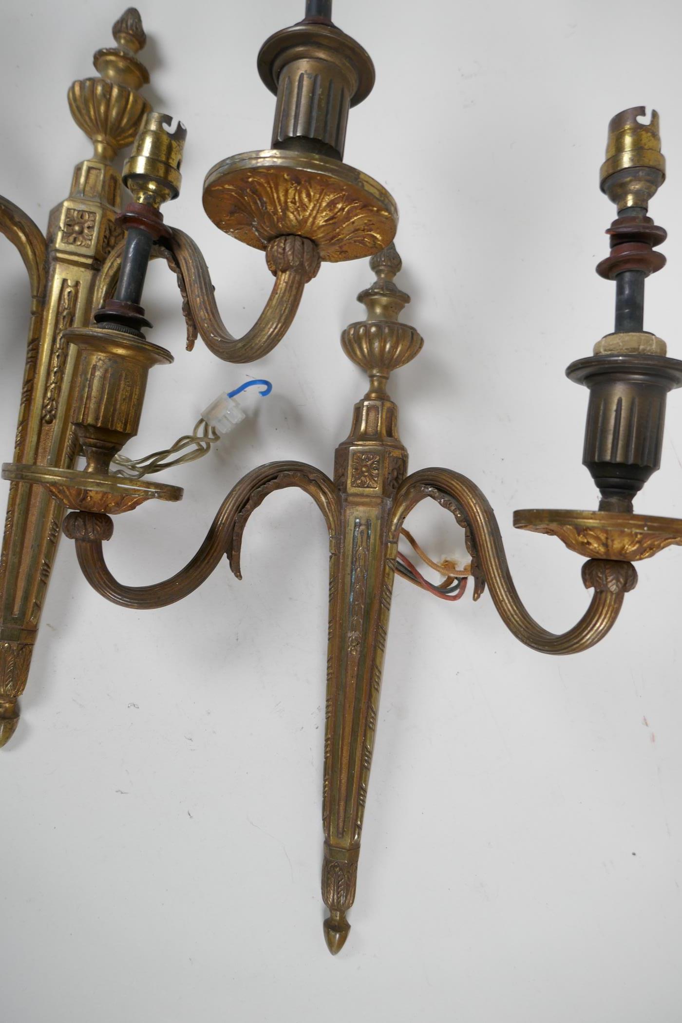 A pair of brass two light wall sconces in the neoclassical style, 13½" high - Image 2 of 3