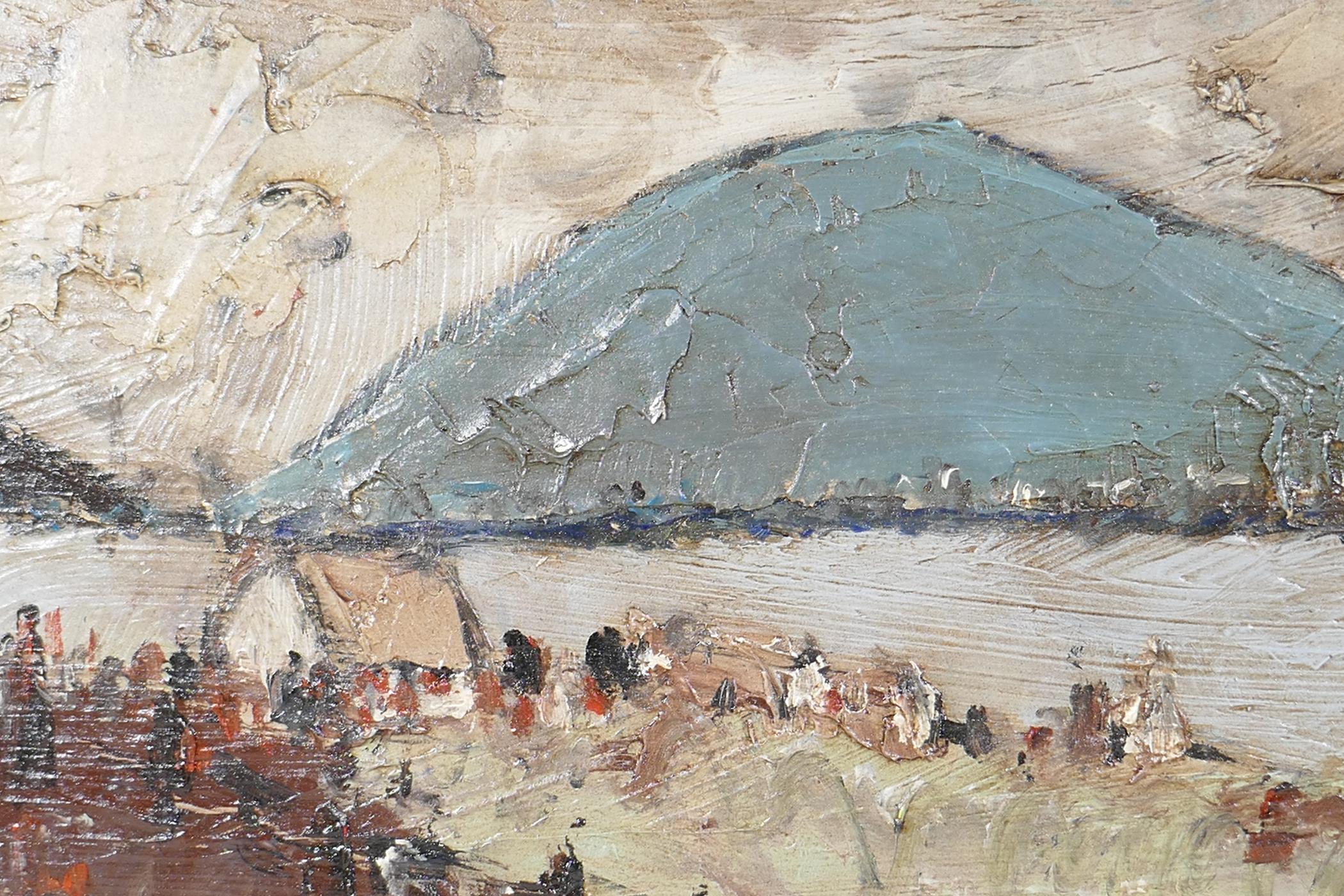 Irish landscape with figures on a lakeside, signed P. French, impasto oil on board, 24" x 12"