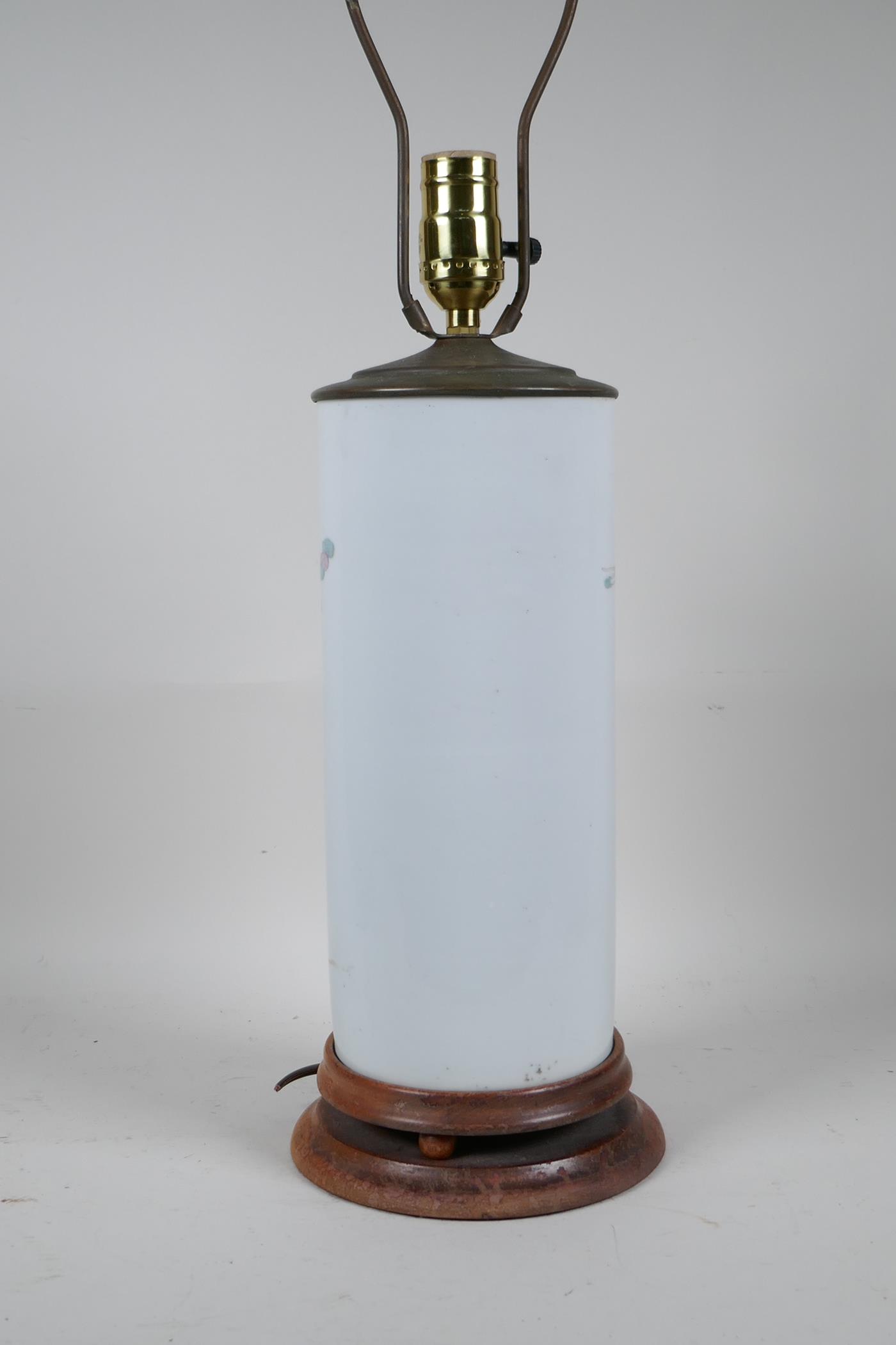 A Chinese famille rose porcelain cylinder vase converted to a lamp with a hardwood base and brass - Image 4 of 5