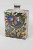 A square section Persian pottery vase painted with birds and flowers, 6" high