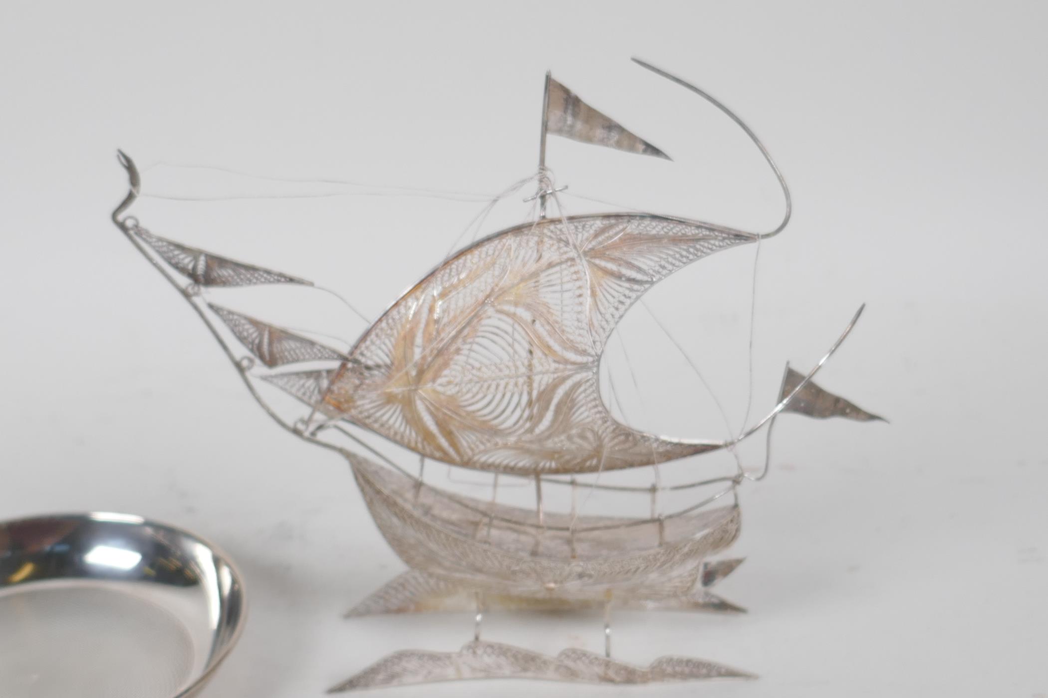 A silver filigree model of a sailing ship, 6½" long, and a small silver pin tray with engine - Image 2 of 5