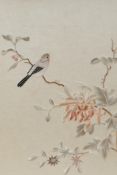 A Chinese silk embroidery depicting birds on a branch in bloom, 10½" x 13"