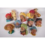 Ten Bossons plaster wall masks, two of turbaned gentlemen with horses, 9" x 8", Robin Hood, man in