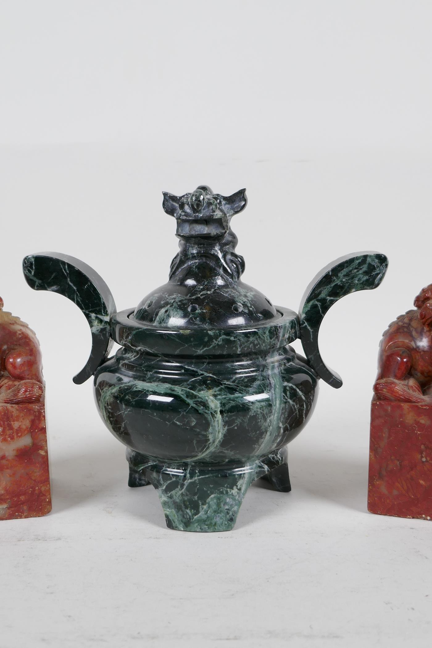 A pair of Chinese red soapstone seal blanks with carved kylin knops, together with a vert de mer - Image 4 of 6