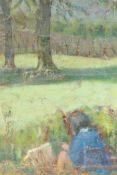 Child seated in a landscape, old label verso 'P.W. Steer', oil on board, 15" x 11½"