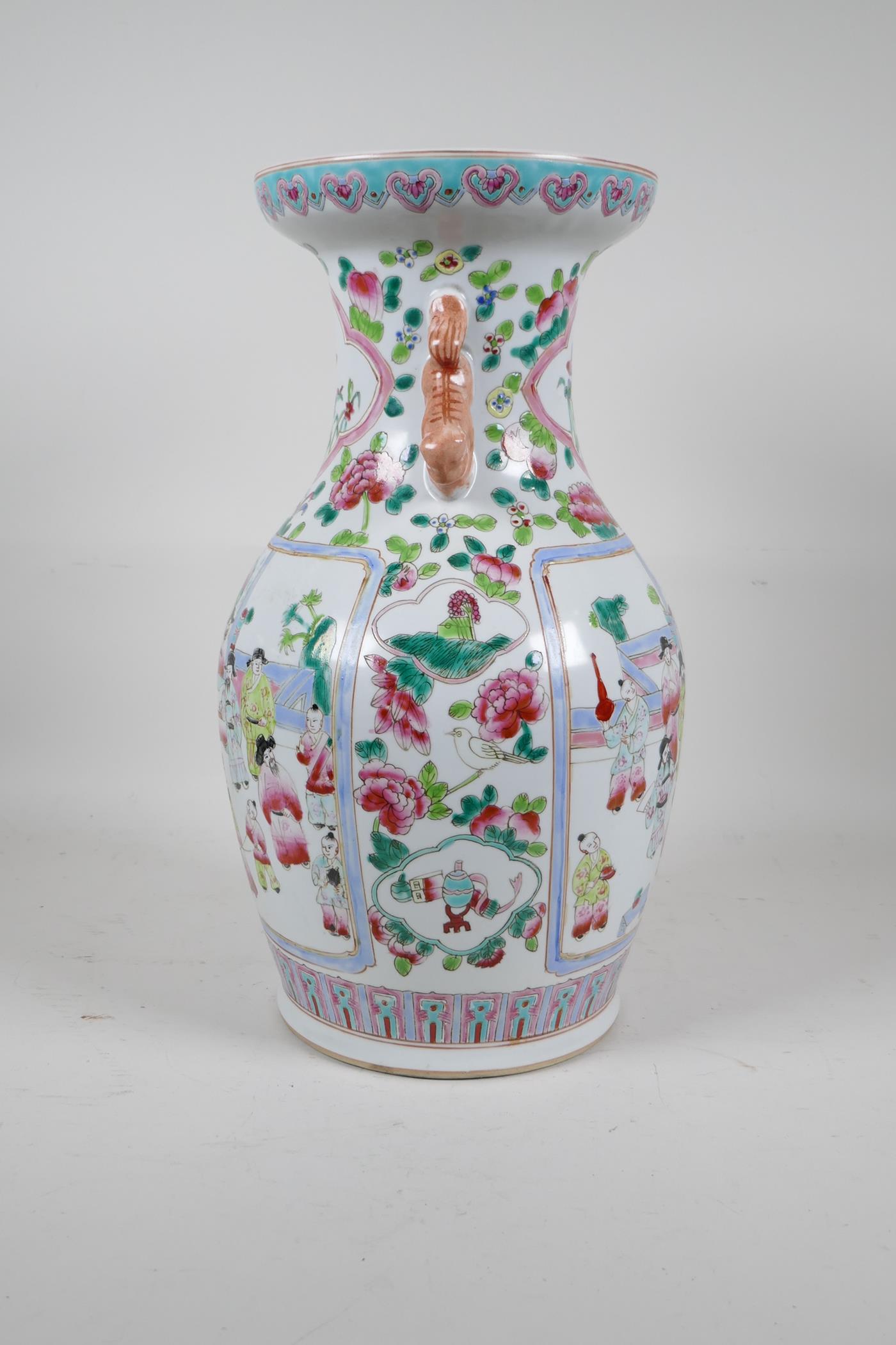 A Chinese famille rose porcelain two handled vase, with enamelled decorative panels depicting and - Image 2 of 5