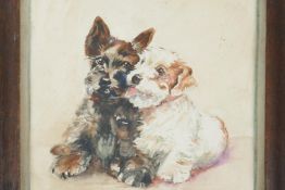 M. Brucker, small watercolour of two dogs, signed, 5" x 5"