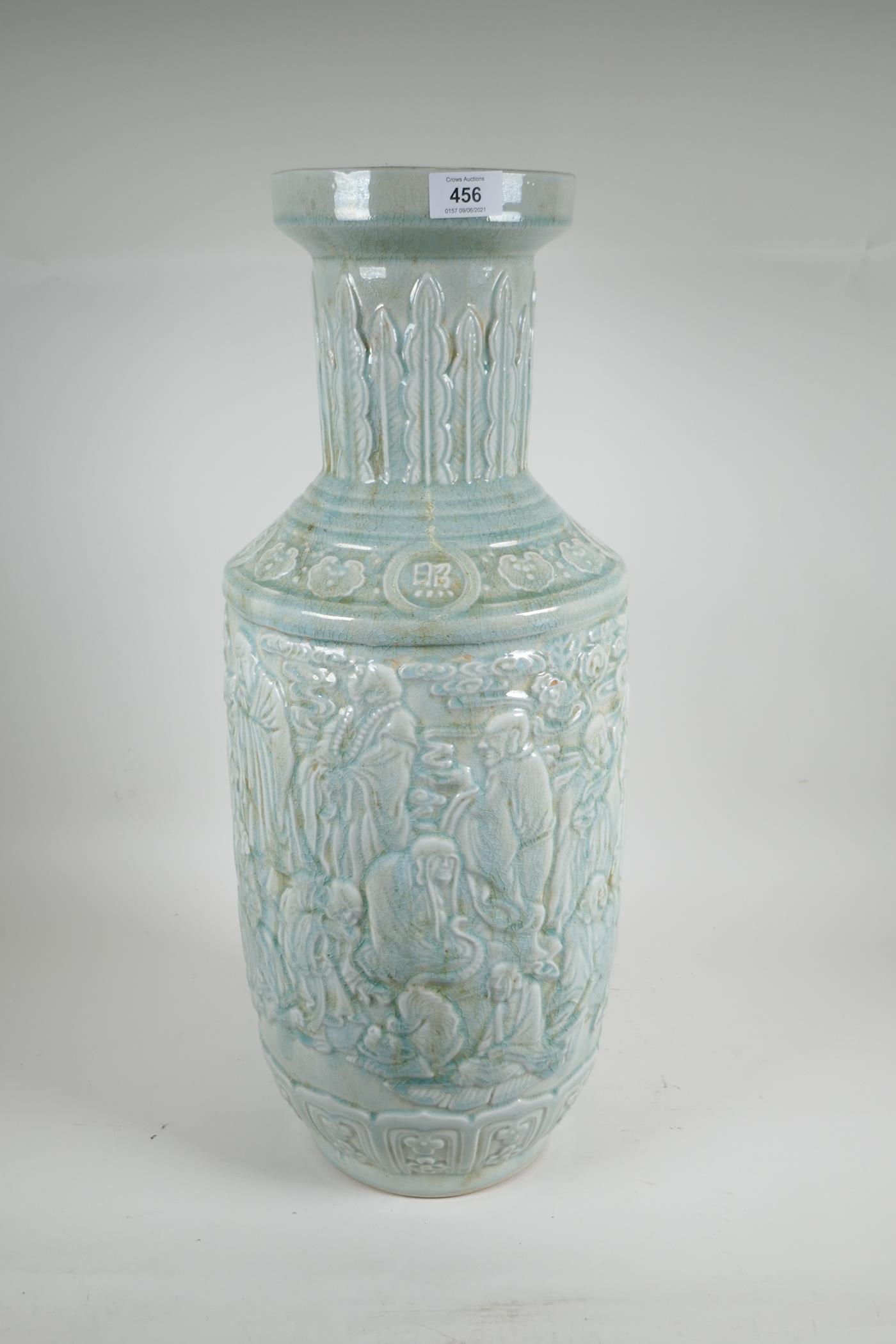 A Chinese celadon glazed ceramic vase, with raised decoration, 24" high - Image 4 of 5