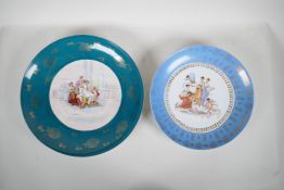 A Continental Sevres style porcelain charger decorated with a classical scene depicting women and