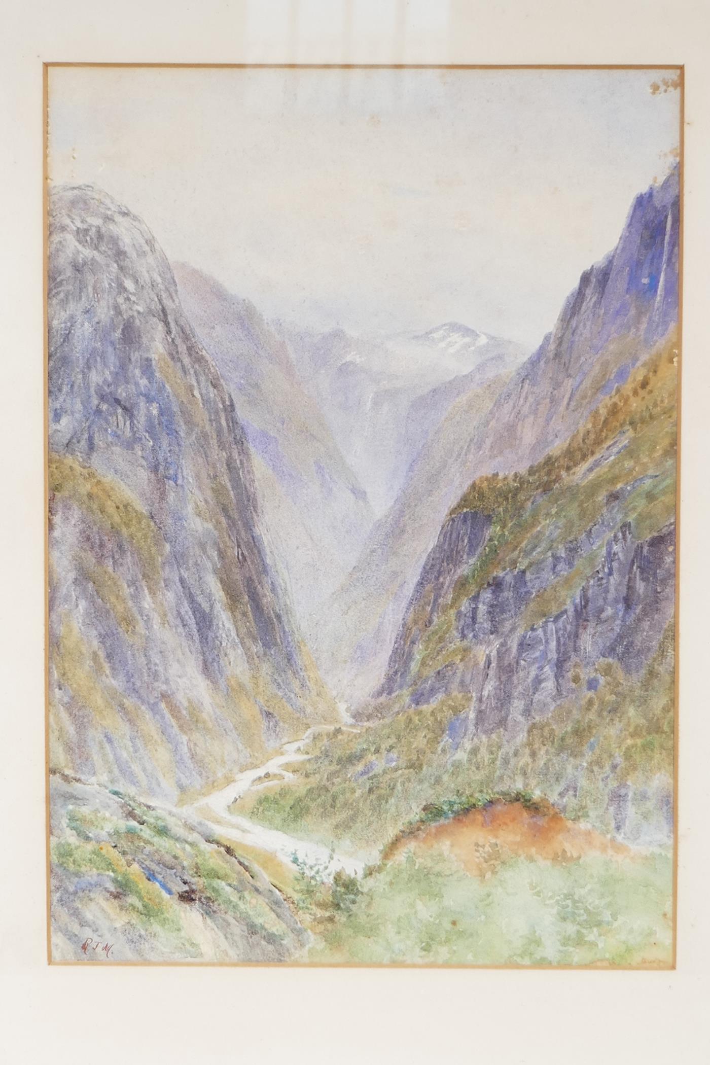 A watercolour mountain landscape with deep river gorge initialled RJM, 9½" x 13½", - Image 2 of 4