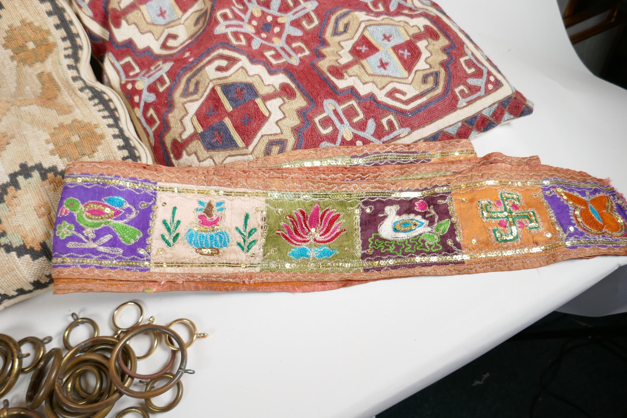 A Vintage Uzbekistan suzani embroidered door drape, an Indian pelmet, two Uzbekistan suzani cushions - Image 6 of 6