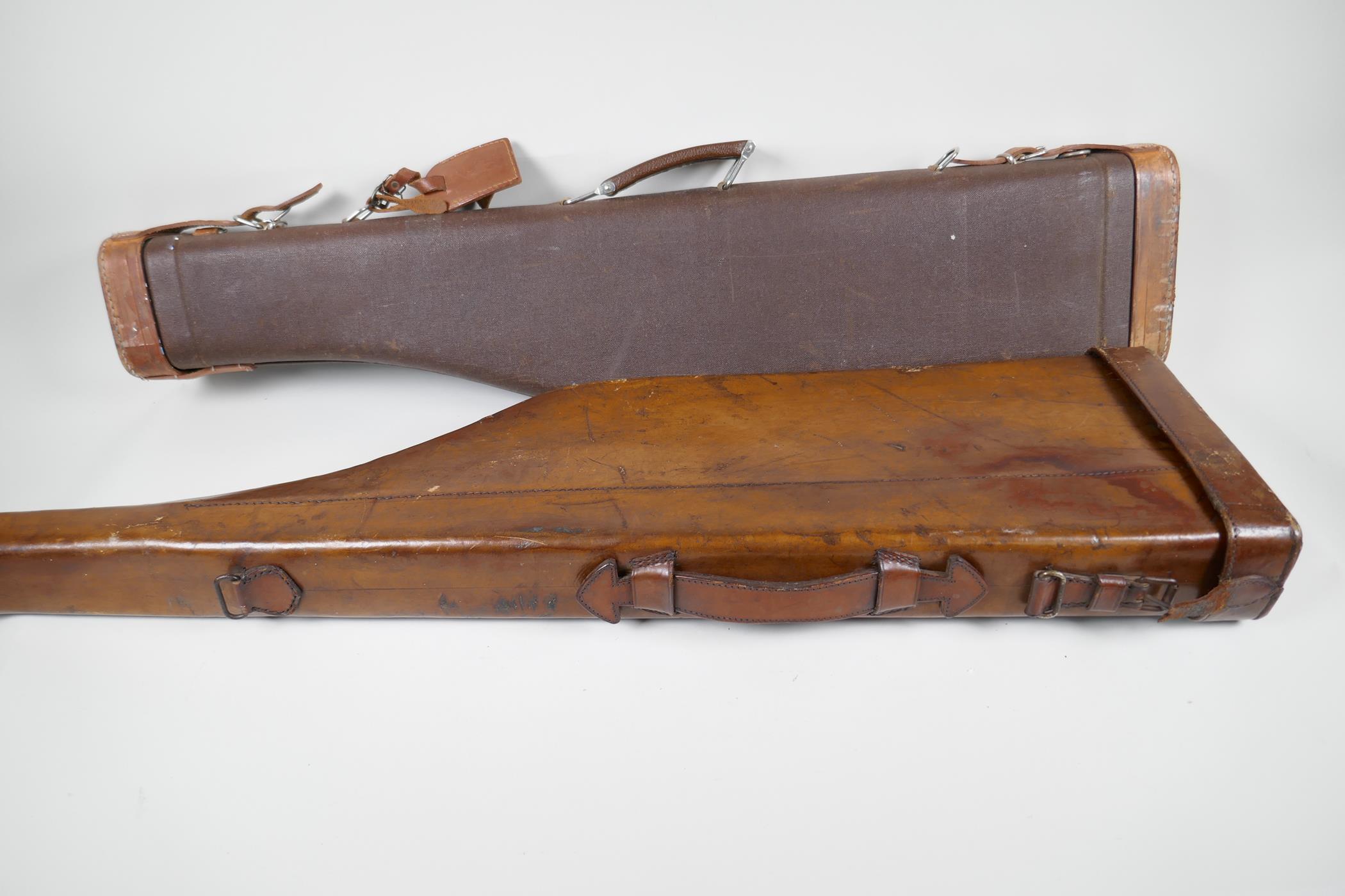 An antique leather 'Leg of Mutton' shotgun case, 31" long, together with a vintage shotgun case - Image 2 of 2