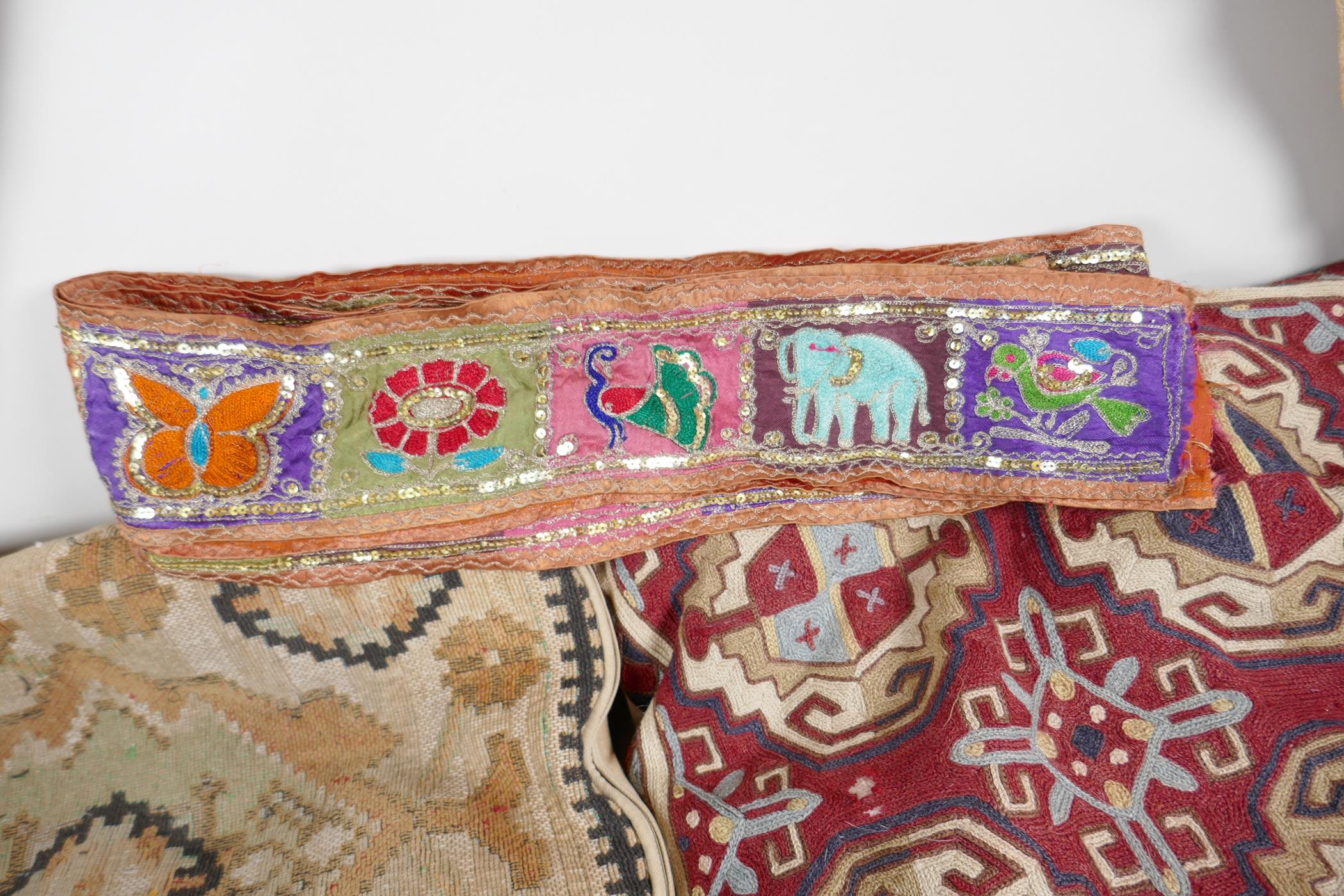 A Vintage Uzbekistan suzani embroidered door drape, an Indian pelmet, two Uzbekistan suzani cushions - Image 5 of 6