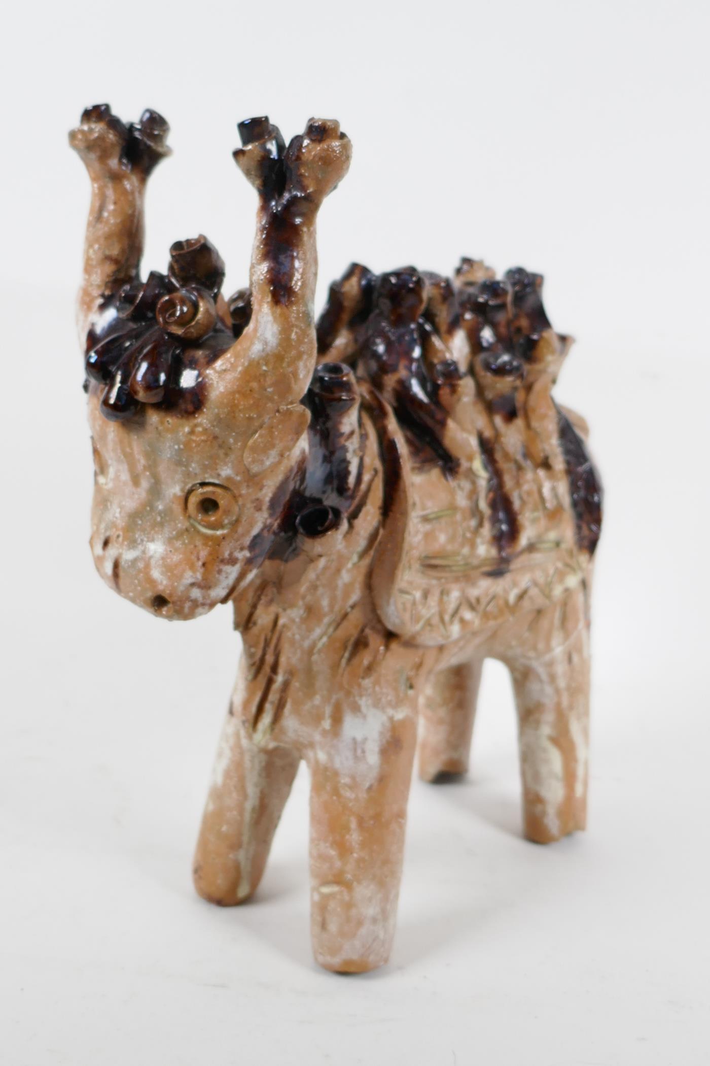 An unusual studio pottery figure of an Indian cow with elaborate saddle, part treacle glazed, 10" - Image 4 of 4
