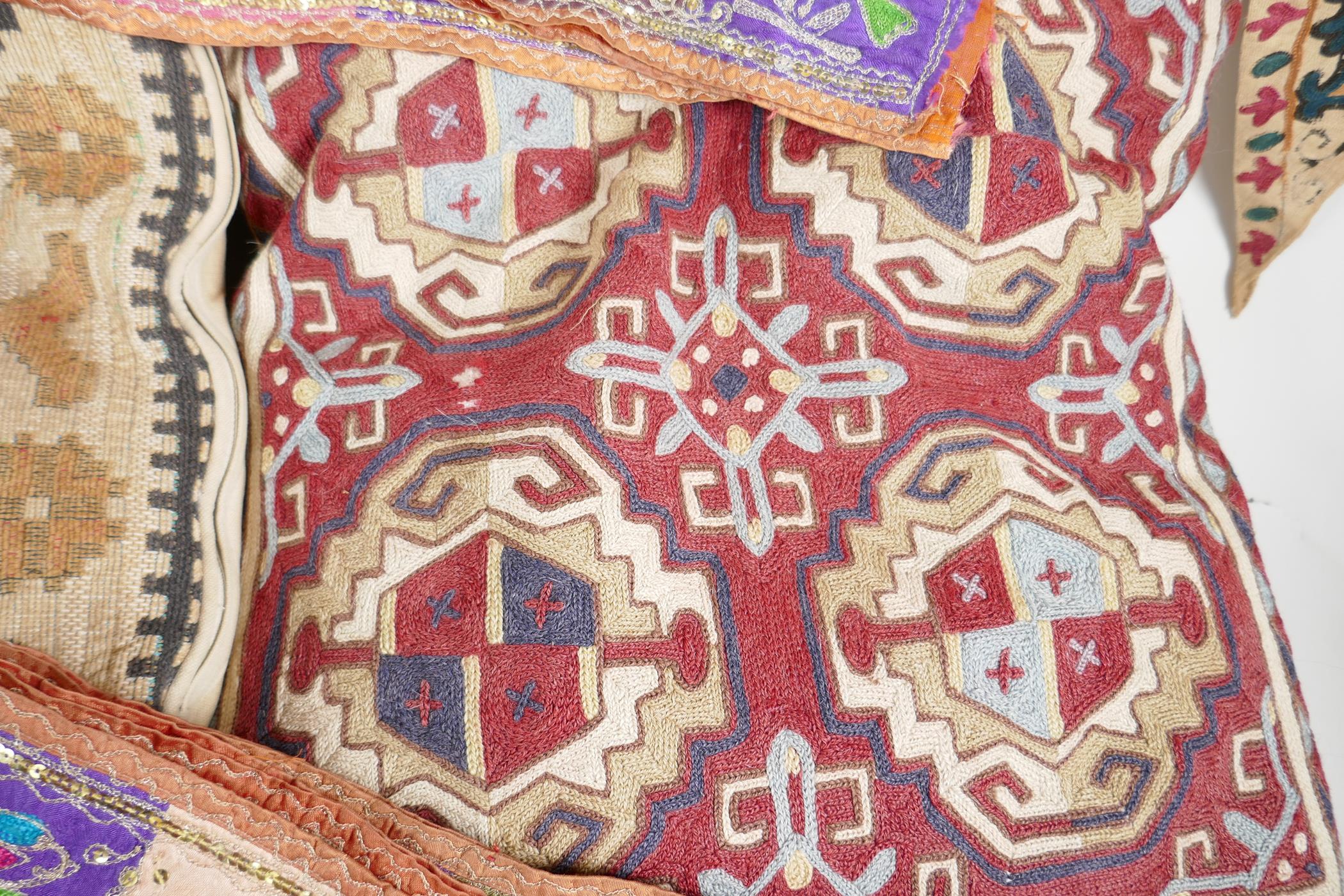 A Vintage Uzbekistan suzani embroidered door drape, an Indian pelmet, two Uzbekistan suzani cushions - Image 4 of 6