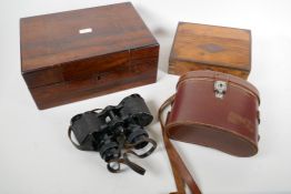 A C19th rosewood vanity box, A/F, 12" x 9" x 5", together with a small brass bound trinket box and a