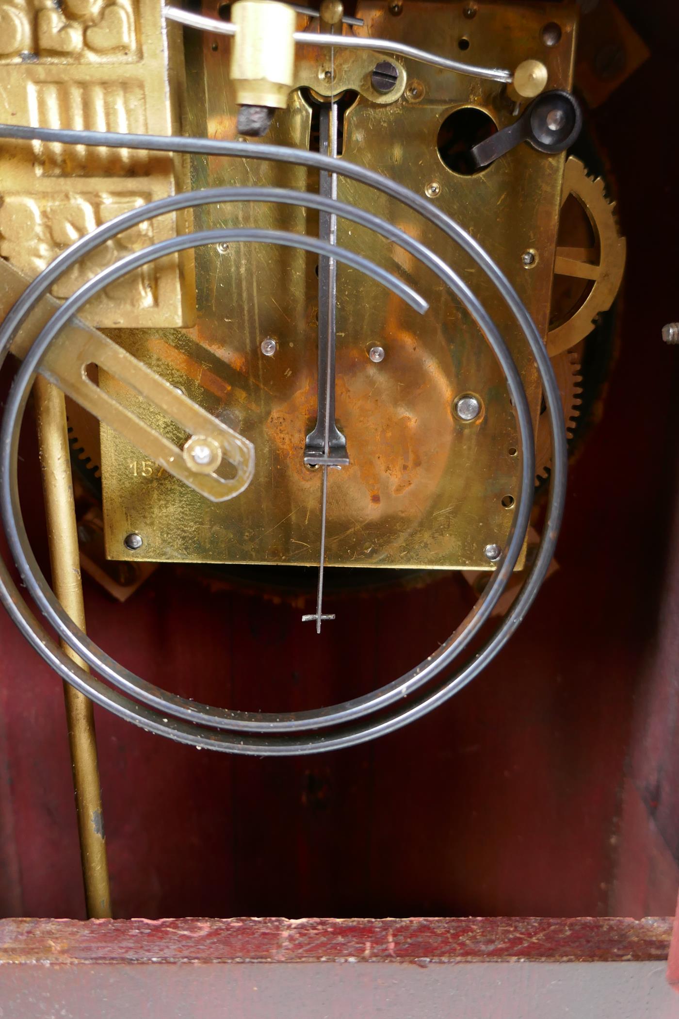 An Edwardian inlaid mahogany mantel clock, with silvered dial and spring driven movement, striking - Image 3 of 3