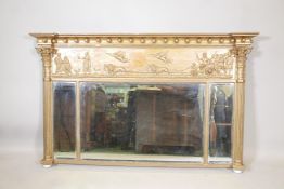 A C19th giltwood and composition triple overmantle mirror, with classical frieze and bevelled