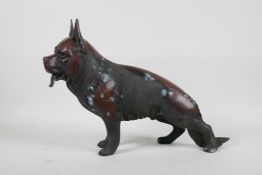 A filled bronze of a German Shepherd dog, 14" long