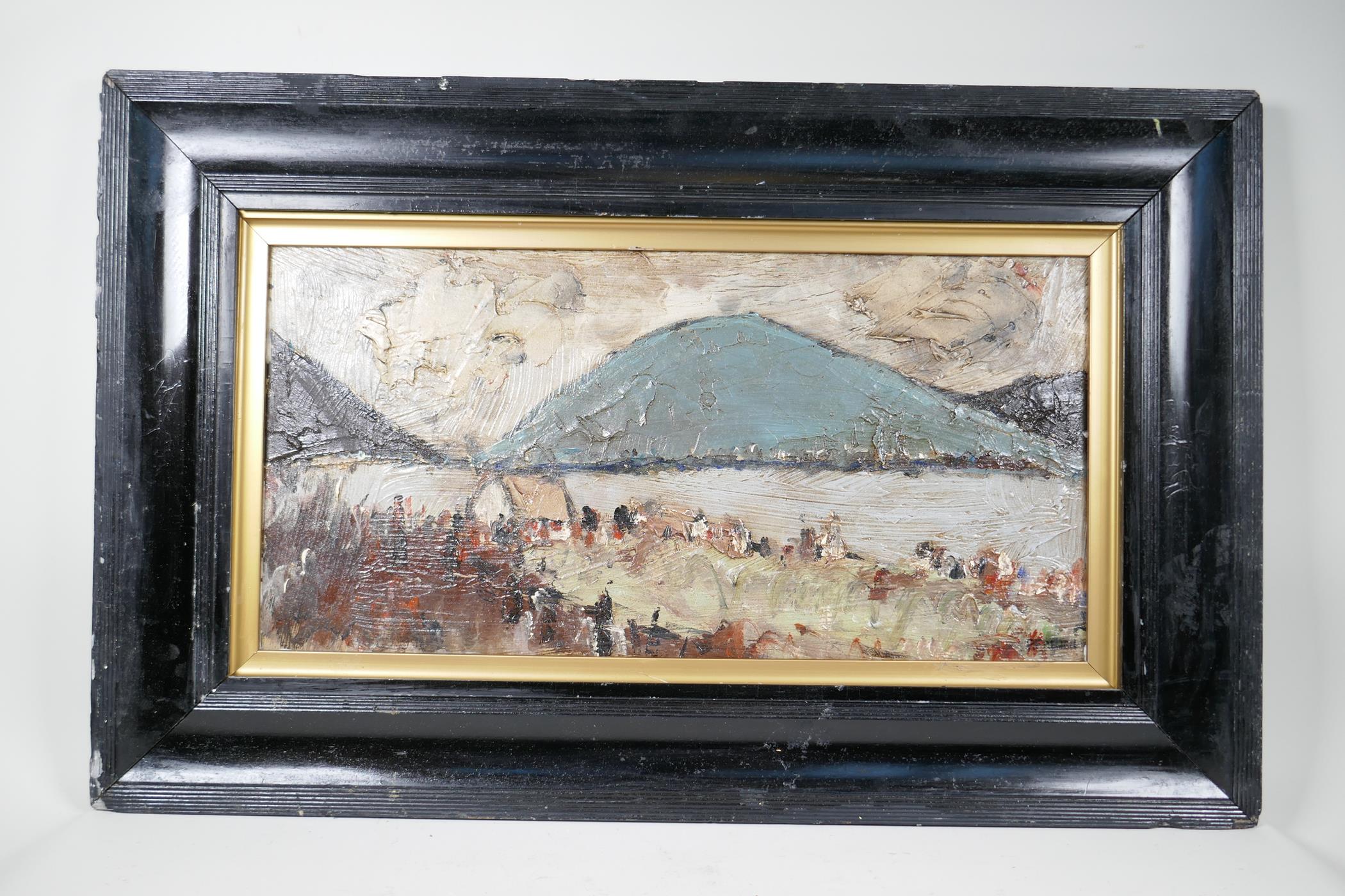 Irish landscape with figures on a lakeside, signed P. French, impasto oil on board, 24" x 12" - Image 2 of 5