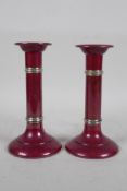 A pair of Pompeian copper and sterling silver candlesticks, 6" high