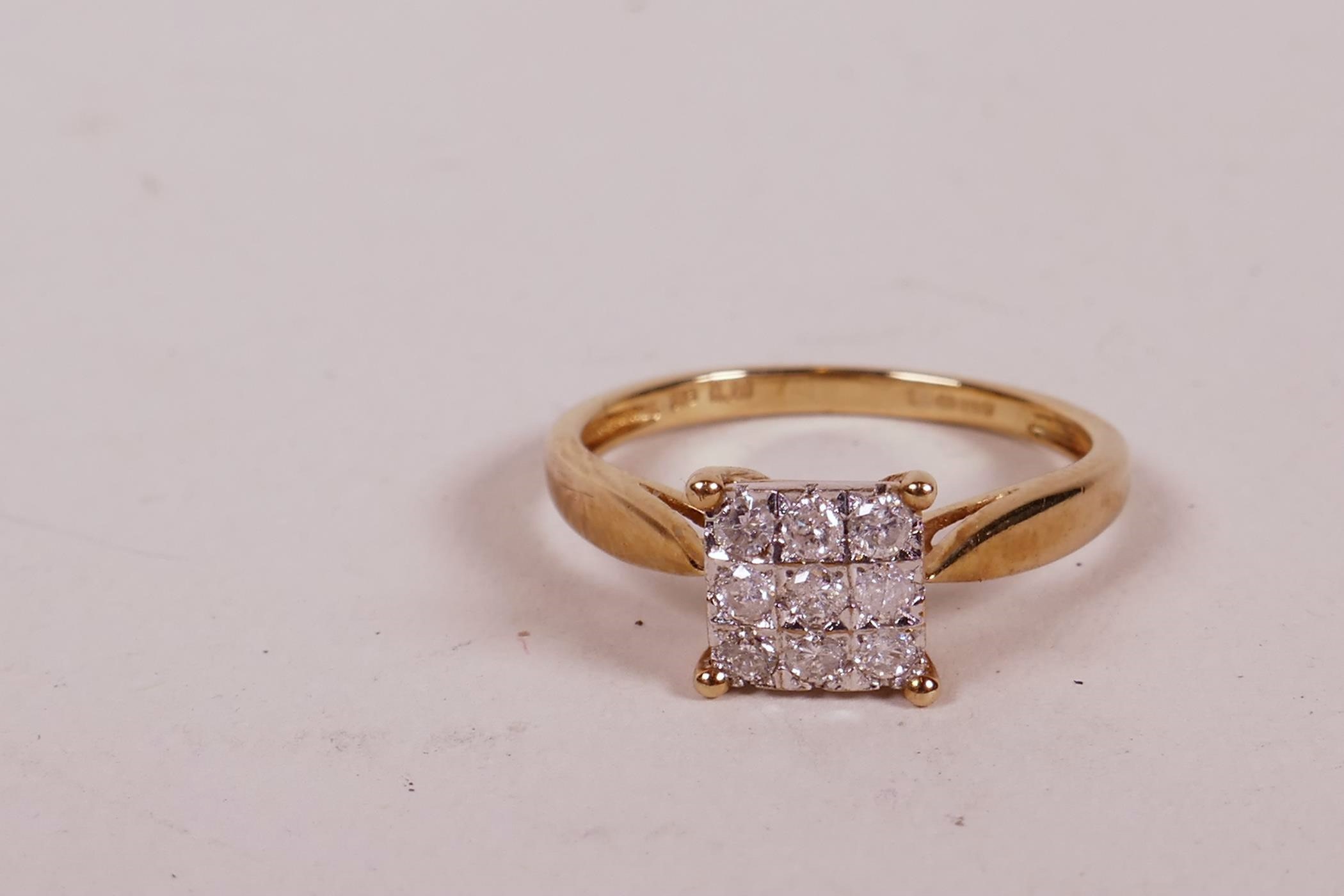 A 9ct yellow gold ring set with a cluster of nine diamonds, 1.6g, size 'L' - Image 2 of 3