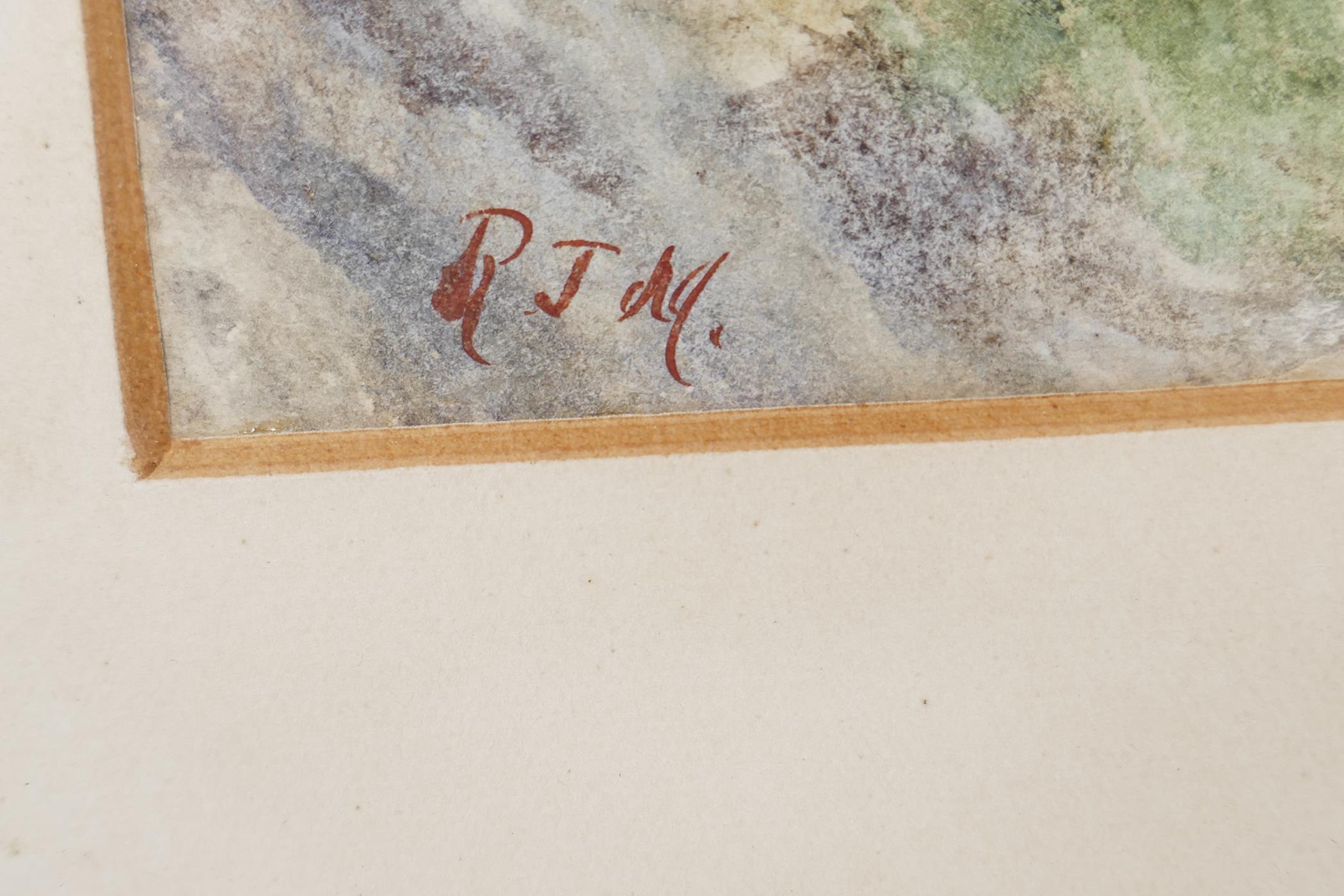 A watercolour mountain landscape with deep river gorge initialled RJM, 9½" x 13½", - Image 4 of 4