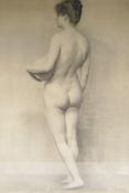 A C19th charcoal life study of a nude female holding a bowl, 22" x 30"