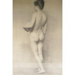 A C19th charcoal life study of a nude female holding a bowl, 22" x 30"