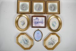 A quantity of good quality small gilt picture frames, four made in Florence, ovals, squares and