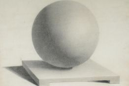 A C19th charcoal class study in shadow and perspective depicting a ball on a slab, signed and