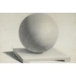 A C19th charcoal class study in shadow and perspective depicting a ball on a slab, signed and