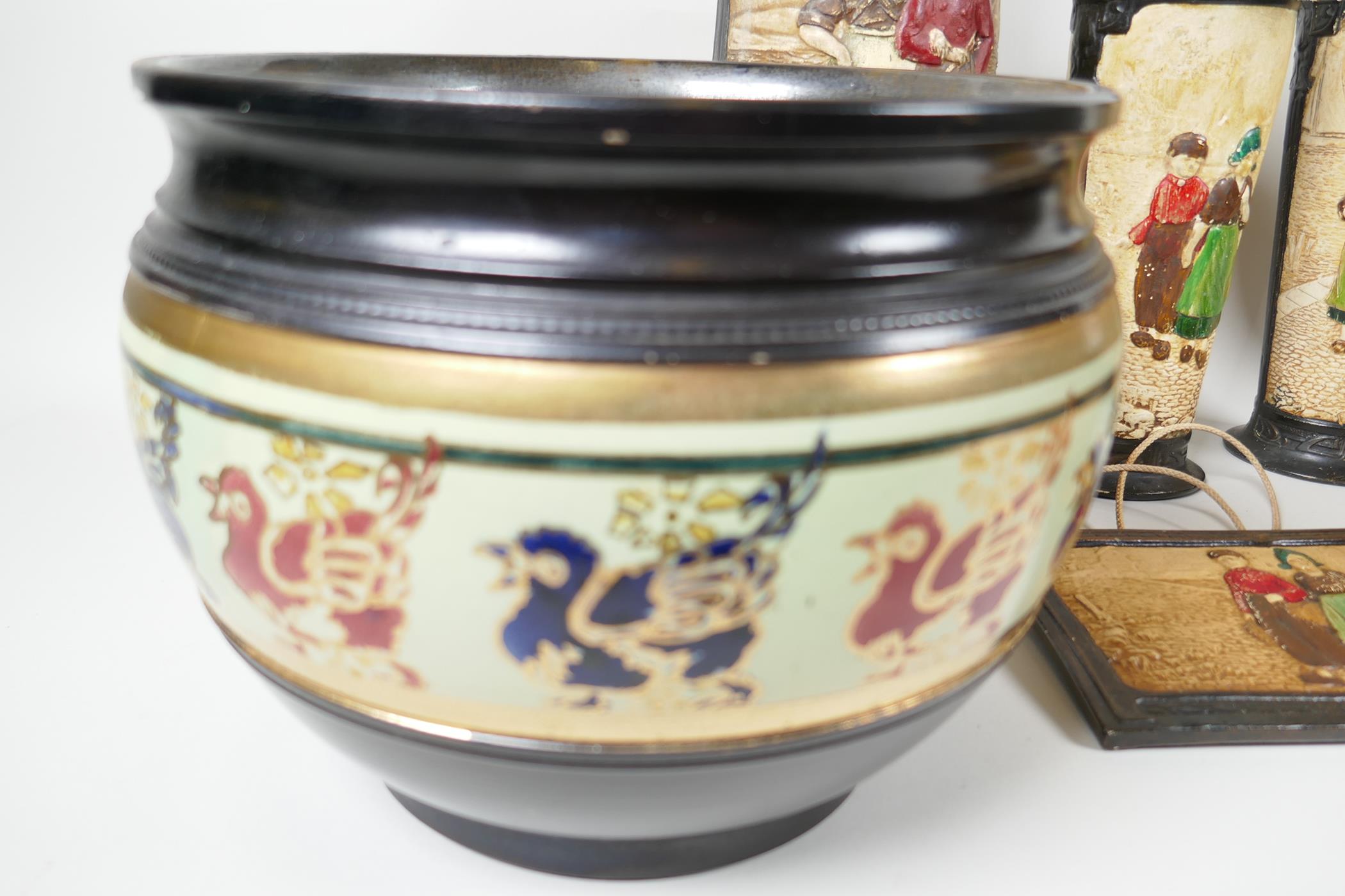 Two Bretby pottery planters with 'cloisonne' birds and flower decoration, together with four - Image 2 of 4