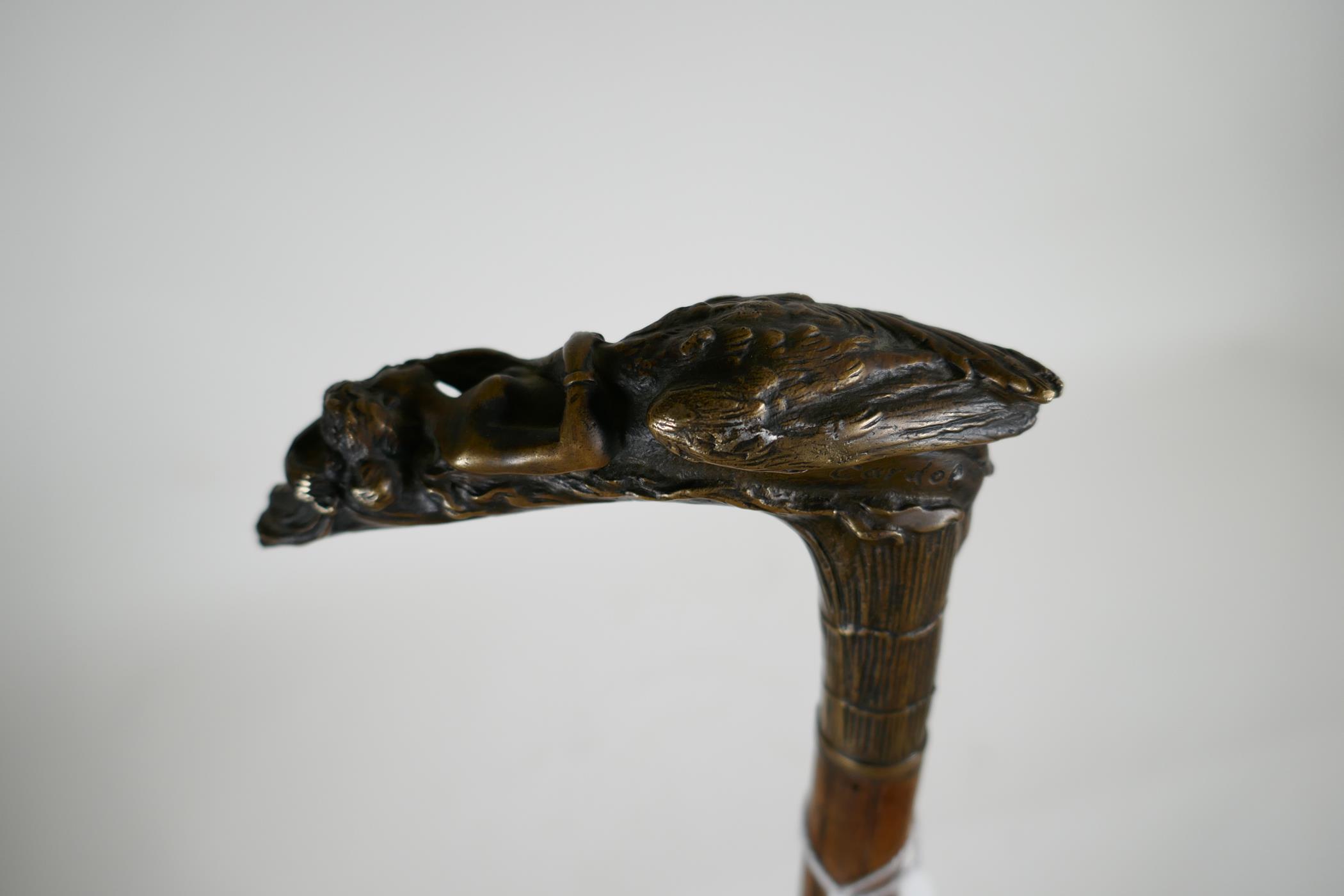 A vintage walking stick with bronze handle in the form of a nude woman and swan, signed Cardoe, - Image 3 of 4