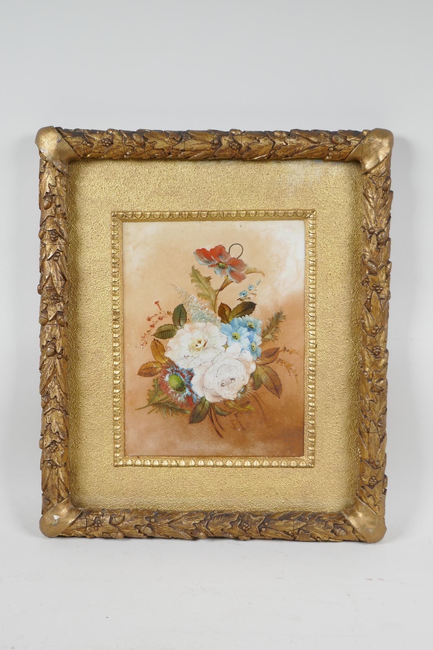 A still life painting on ivorine of a floral bouquet, in a gilt frame with moulded leaf and acorn - Image 3 of 3