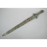 A Chinese archaic style mixed metal short sword, the blade with stylised line decoration, 26" long